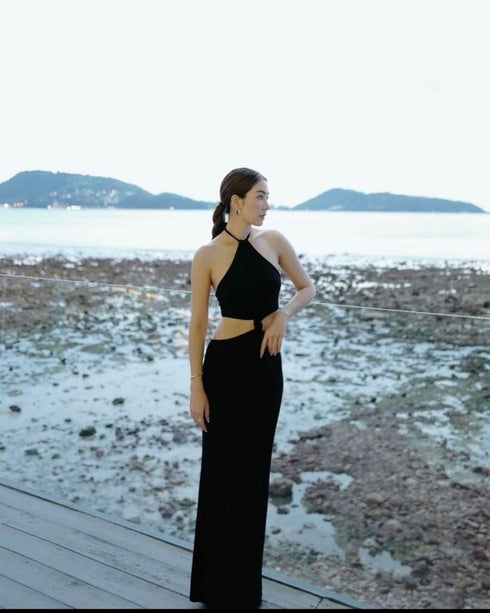 Ladies Halter Neck Backless Hollow Out Long Dress